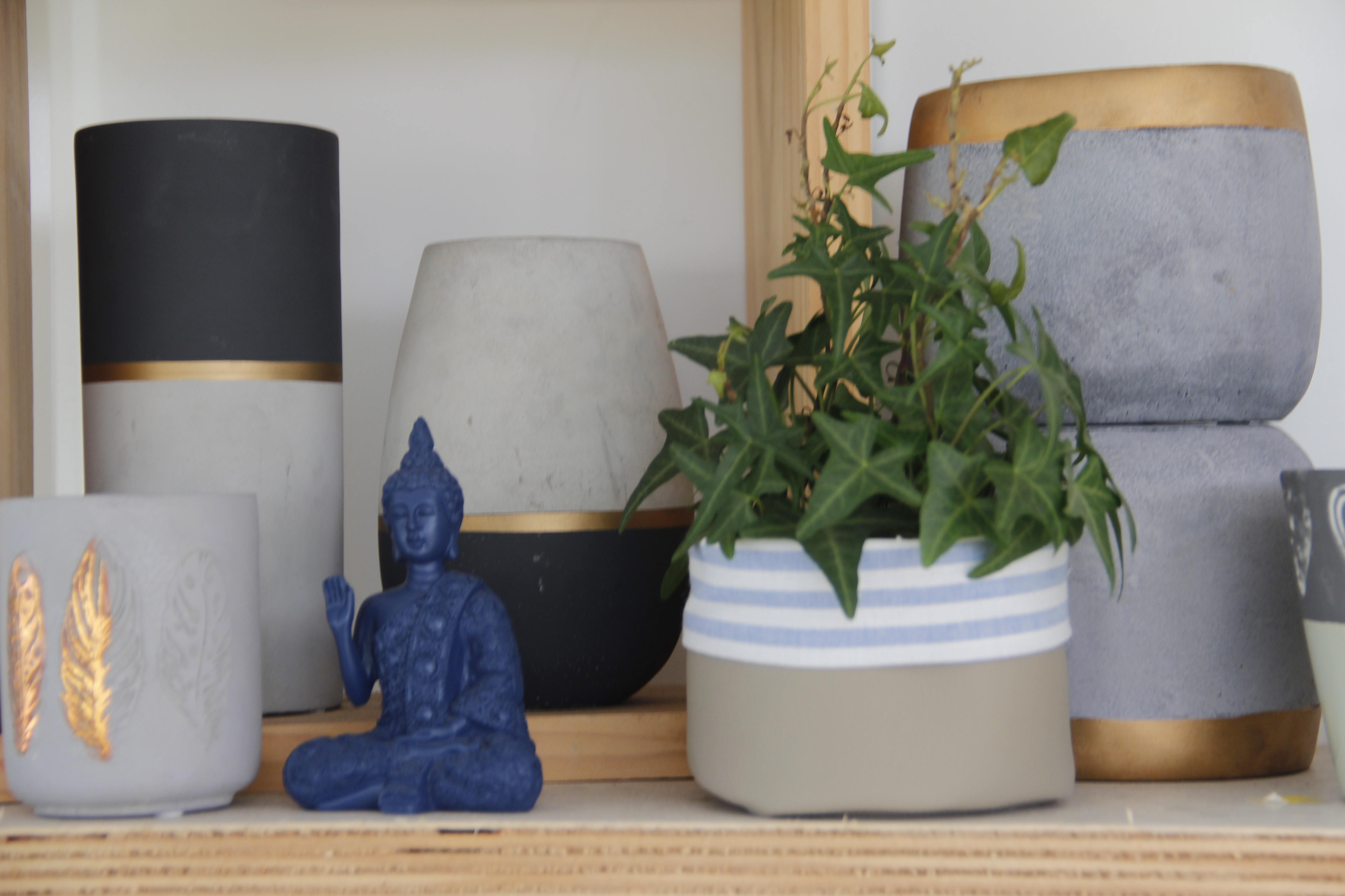 Cachepots cimento e tecido para plantas ornamentais, buda