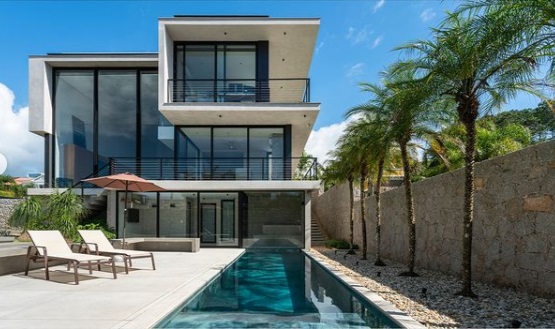 Projeto paisagístico de jardim residencial com palmeiras fênix ao lado de piscina