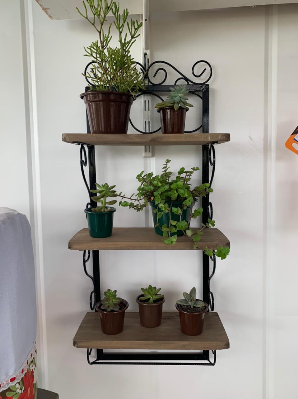 Prateleiras em ferro e madeira para vasos de plantas ornamentais