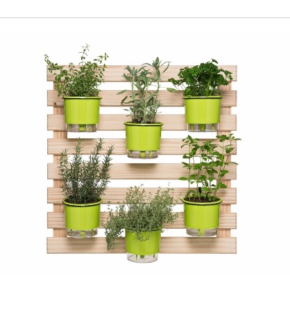 Vasos auto irrigáveis na treliça de madeira